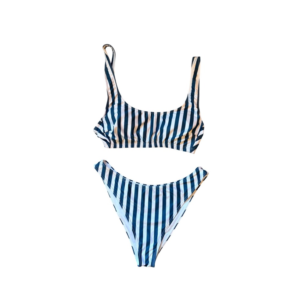 Kenny Flowers Navy Blue White Striped Bikini Set Size Medium